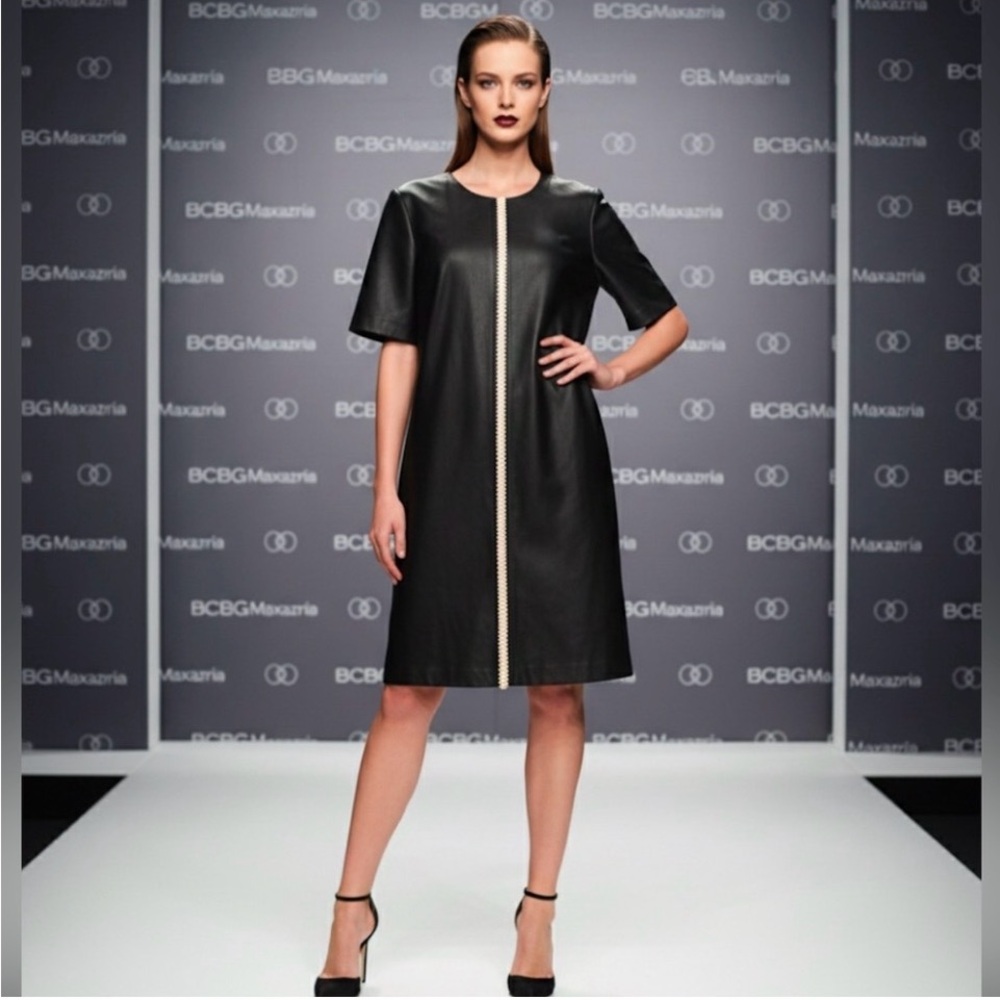 BCBGMaxAzria Black Faux Leather Dress with OFF-White Accents SZ S EUC $398